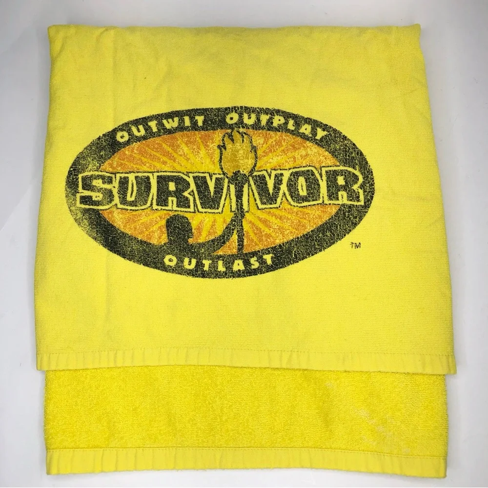 Vtg Magic Beach Towel Yellow Survivor Outwit Outplay Outlast Sun & Surf 30